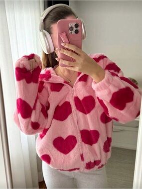 Pink Heart Print Plush Zip-Up Jacket
